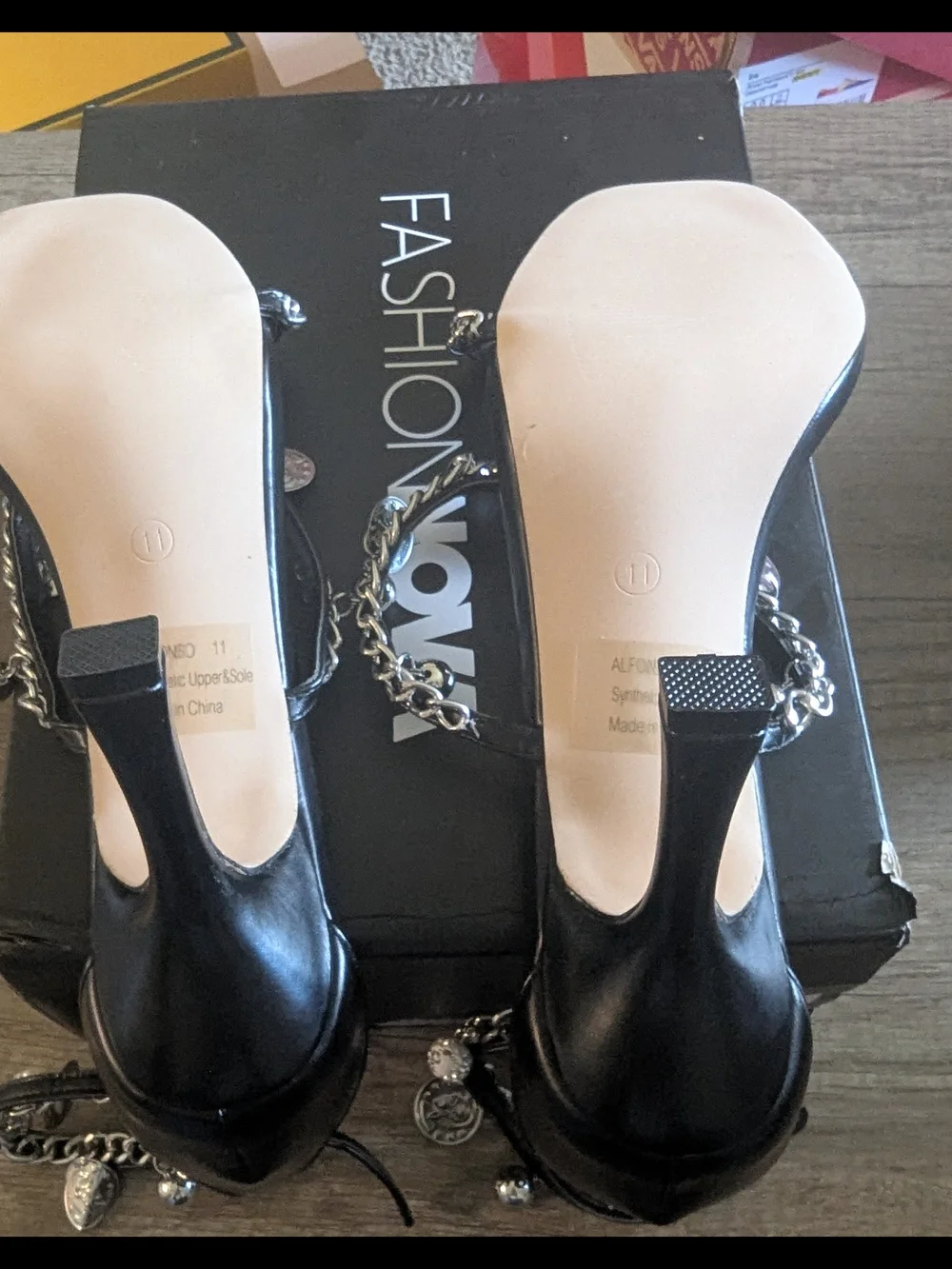 Fashion Nova Black Chain-Accent Heel Sandals